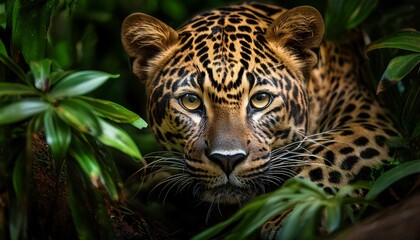 Obraz premium Portrait of a Jaguar among greenery