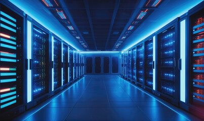 Fototapeta premium A server room lit with blue lights, containing rows of servers