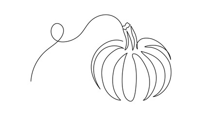 Autumn pumpkin in one continuous line drawing. Halloween and Thanksgiving greeting card in simple linear style. Fall harvest in editable stroke. Doodle vector illustration