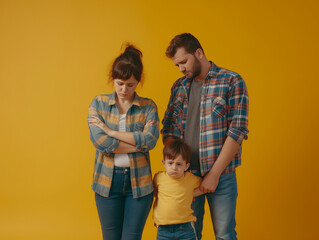 a mother, father and child are not able to resolve their problems, parenting issues and tips, help with anger, resentment, trauma, on yellow background of childhood psychology parenting marriage