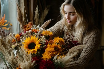 A woman arranging a vibrant bouquet with sunflowers and autumn flowers in a cozy indoor setting during the golden hour