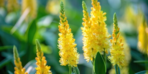Yellow Asphodeline flowers bloom in the garden during the summer.