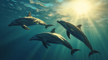 Fototapeta premium Dolphins from Underwater in a Side View at Golden Hour, Capturing Detailed Features and Graceful Movement