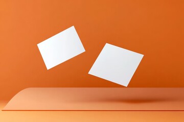 Illustration of business cards floating in the air against a soft orange background. Blank business cards floating for graphic mockup.