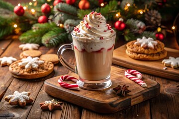  Peppermint Mocha Chiller Whipped Cream Extra Shot placed on a distressed wooden platter