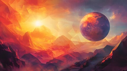 A Red Planet Rising Over a Geometric Mountain Landscape