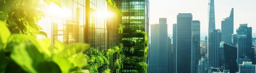 Green architecture in cities close up, focus on sustainable buildings, bright surroundings, natural light, Double exposure silhouette with city skyline