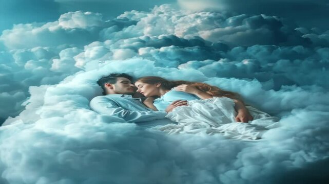 A couple sleeping comfortably on the bed hugging each other romantically with a blanket in a fantasy atmosphere while dreaming in imagination