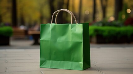 A green paper shopping bag stands upright on a sidewalk in an outdoor park, symbolizing eco-friendly and sustainable shopping.