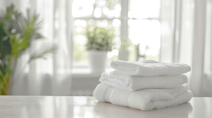 A stack of white towels neatly folded in a bright, minimalist interior with soft natural light, evoking cleanliness and simplicity.