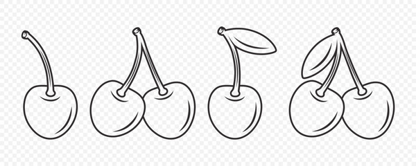Adorable Black and White Cherry Icon Set. Cute Outline Cherries for Valentine's Day, Love, Romance Concept. Coloring Page Style Design Template for Cards, Decorations, Gifts. Cherry Clipart