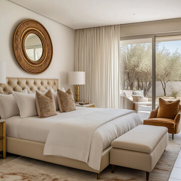 Modern Farmhouse Bedroom with Neutral Accents and Warm, Elegant Design