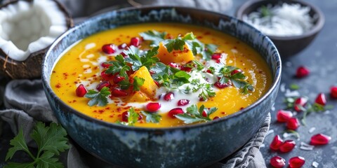 Delicious pumpkin soup garnished with coconut milk topped with pomegranate seeds and parsley