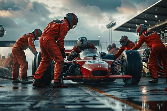A dedicated race car team swiftly changes tires on a red car at a racetrack during a competitive event under overcast skies. Generative AI