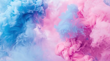 Abstract pink and blue ink clouds swirl in water, creating a dreamy, ethereal effect with soft gradients and flowing shapes.