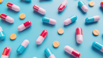 Assorted colorful pills and tablets scattered across a blue surface, symbolizing healthcare, medication, and pharmaceutical industry concepts.