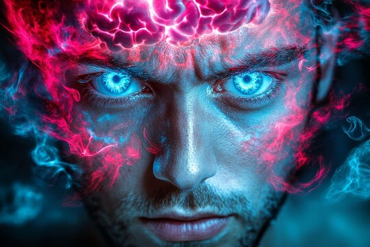 Abstract portrait of a man with glowing fiery brain and intense expression symbolizing the powerful emotions and explosive creativity driven by human intellect and passion