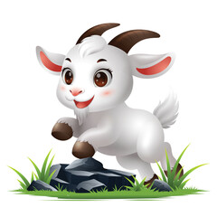 Cute White Goat 3D cartoon vector, standing on the rock with green grass