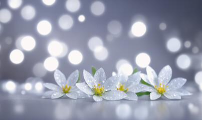 Four white flowers with yellow centers bloom against a soft gray background with white bokeh