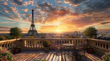 view of the eiffel tower at sunset from a balcony