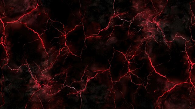Abstract red lightning-like cracks stretch across a black and dark marbled surface, creating a dramatic and intense visual effect.