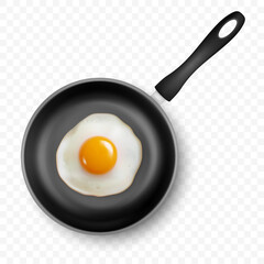 Vector 3d Realistic Fried Egg in the Black Frying Pan, Closeup Isolated, Top View. Design Template of Scrambled Eggs, Fried Egg, Omelette. Delicious Breakfast, Food, Culinary Concept