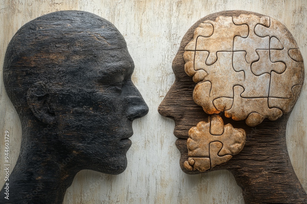 Poster Sculpted wooden heads facing each other one with puzzle pieces missing symbolizing the incomplete and evolving nature of human understanding and identity in a rustic and symbolic composition