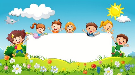 Happy Kids Holding Blank Banner in Green Meadow.