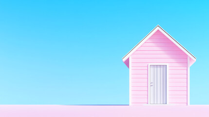 A cute pink house stands against a bright blue sky, creating a charming and whimsical atmosphere perfect for various designs.