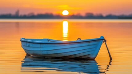 Fototapeta premium A small, blue boat gently floats on calm water during a vibrant sunset, creating a peaceful and serene scene.