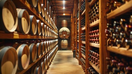 Interior view of vintage wine cellar with barrels and wine bottle