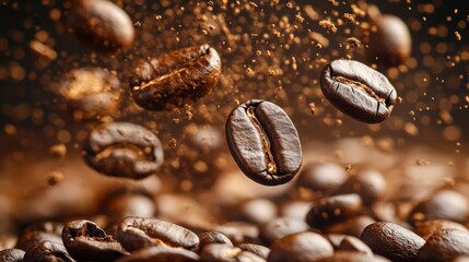 Fototapeta premium Roasted coffee beans captured midair