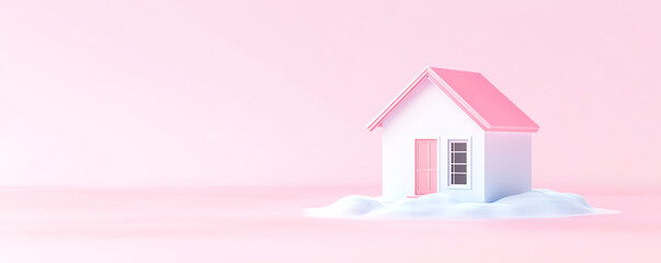 A whimsical house on a soft pink background, surrounded by gentle clouds, symbolizing comfort and creativity.