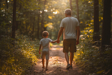 Fototapeta premium Father and Son Walking Together Through a Forest Trail