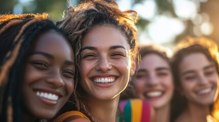 Fototapeta premium Friends enjoying a sunny afternoon outdoors with bright smiles in the park