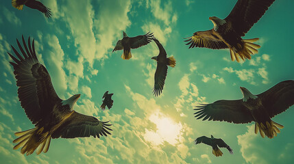 Fototapeta premium Eagles from Below in an Upward View at Golden Hour, Showcasing Detailed Feathers and Majestic Flight 