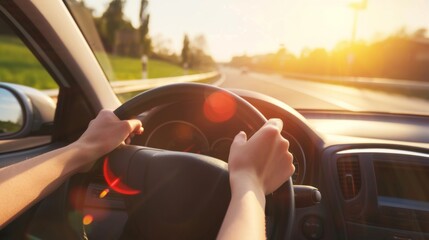 Naklejka premium pov person driving on a country road at a sunset
