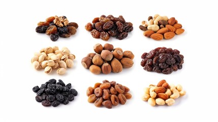 Obraz premium Raisin grain and a variety of nuts closeup view