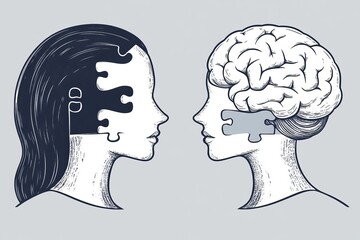 Minimalist illustration of two human profiles one with a puzzle piece brain symbolizing the process of self discovery and the complexities of identity and thought in a modern and simplified style