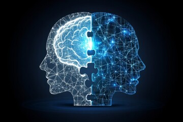 Digital illustration of a human head split in half one side depicted as a glowing neural network representing the duality of modern thought technology and natural cognition