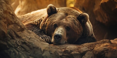 Brown bear resting in its natural den