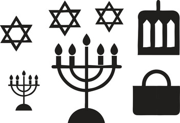 Hanukkah Logo Icon Set  6 Minimalist Silhouettes of Menorah, Dreidel, and Star of David for Holiday Decorations and Educational Materials 