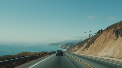 Car driving on scenic pacific coast highway with ocean views on sunny day