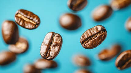Levitating coffee beans with blue backdrop