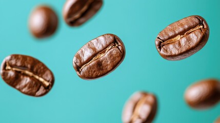 Floating coffee beans against blue