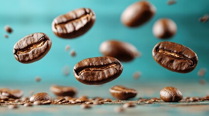 Fototapeta premium Blue backdrop with suspended coffee beans