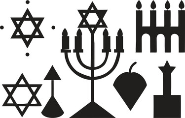 Hanukkah Logo Icon Set  6 Minimalist Silhouettes of Menorah, Dreidel, and Star of David for Holiday Decorations and Educational Materials 