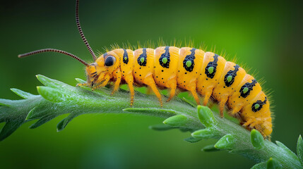 Yellow spotted black caterpillar crawling on a green branch