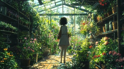 Anime-inspired gardener, blooming botanical garden, lush greenery, nurturing plants, floral arrangements, tranquil ambiance