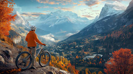 Cyclist admiring mountain view during fall season
